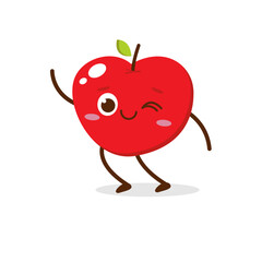 Cute Smiling Red Apple Character Waving – Kawaii Red Fruit Mascot Vector