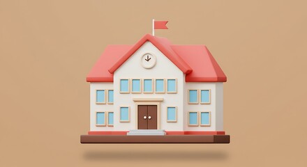 School Building with Flag and Clock Tower