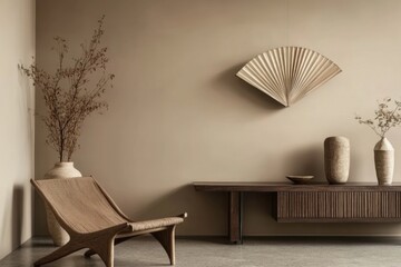 Beige Minimalist Living Room with Rattan Chair and Paper Fan