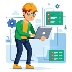 male engineer checks the program and discovers an error. Hand drawn style vector design illustrations.