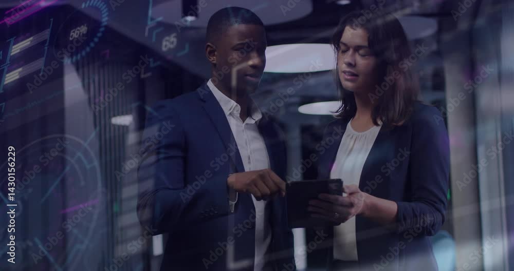 Poster two professionals reviewing tablet in tech office, showing floating digital graphs and interface