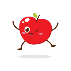 Cute Smiling Red Apple Character Waving – Kawaii Red Fruit Mascot Vector