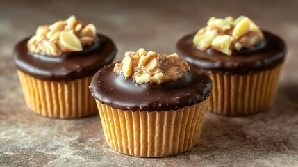 Chocolate almond desert indulgence Chocolate cupcakes topped with nuts on a textured surface.