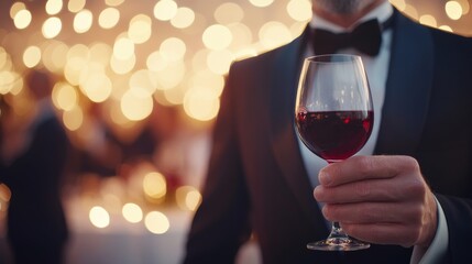 A man dressed in a sleek tuxedo stands confidently, holding a glass of red wine at a luxurious evening gala with a softly lit backdrop and ample copy space