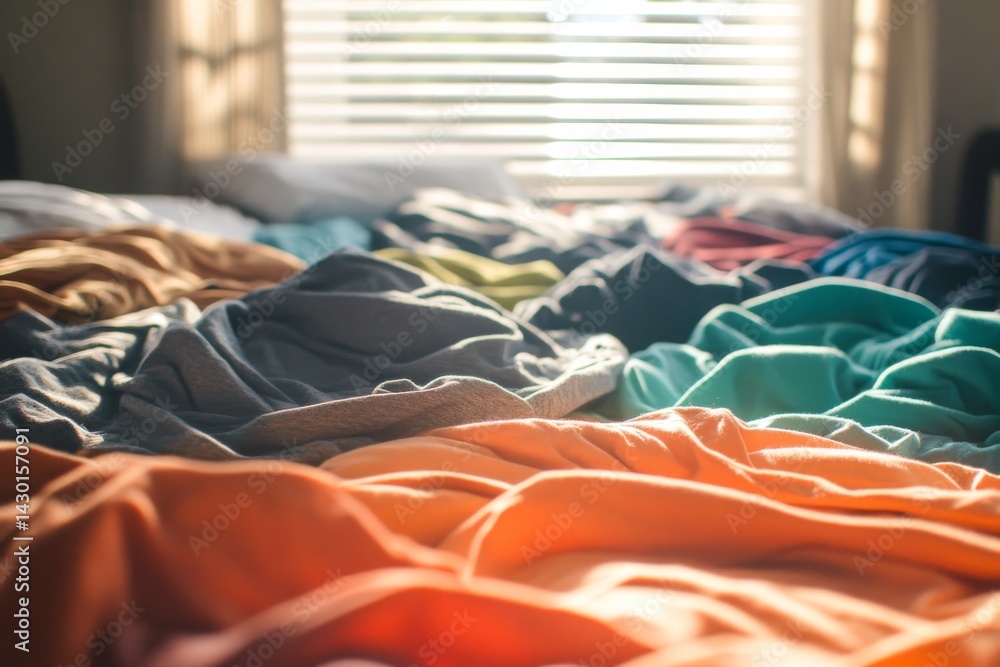 Poster sunlight filters through blinds, creating playful shadows on a messy bed covered in various colorful