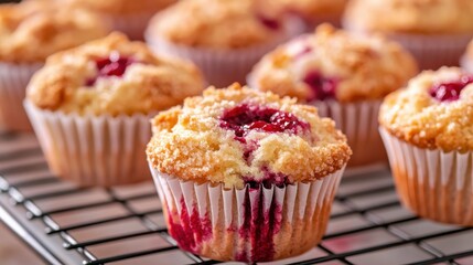 A close-up of a raspberry muffin with a crumble topping, sitting on a wire rack with other muffins in the background.