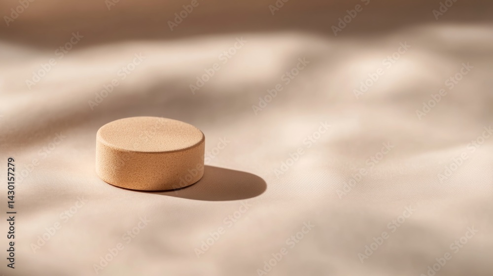 Poster This composition features a minimalist beige podium stage with soft shadows, emphasizing clean lines and simplicity against a light cream backdrop, providing copy space