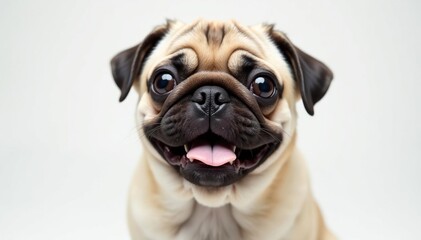 Playful pug looking at camera, white backdrop, pet portrait, fawn pug, looking