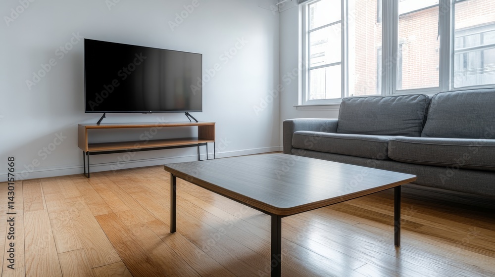 Aufkleber stylish living room features a modern gray sofa and a minimal coffee table, creating a cozy yet soph