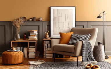 Beige Armchair Books and Mustard Throw Pillow in Modern Living Room