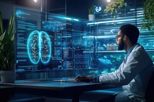 A scientist analyzes brain data on a futuristic holographic display, showcasing advanced neurotechnology research.