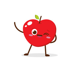 Cute Smiling Red Apple Character Waving – Kawaii Red Fruit Mascot Vector