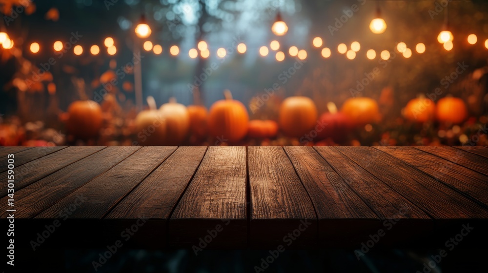 Poster dark wooden table features subtle textures against a blurred thanksgiving backdrop with glowing stri