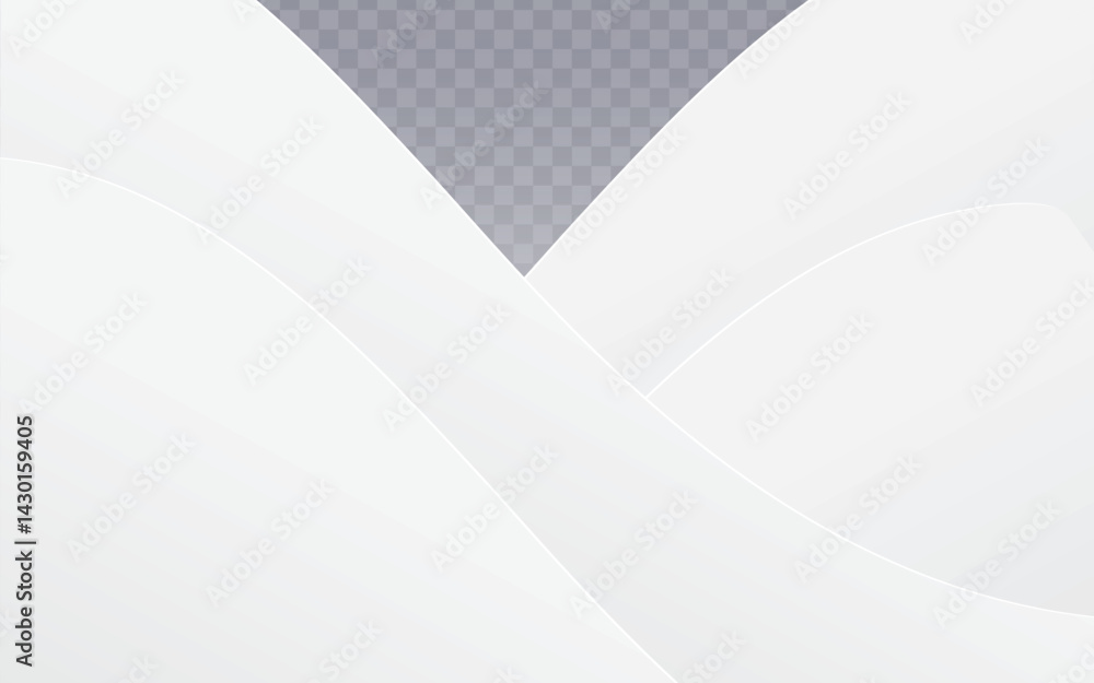 Poster smooth, flowing white shapes overlap against a transparent light gray checkered background, creating
