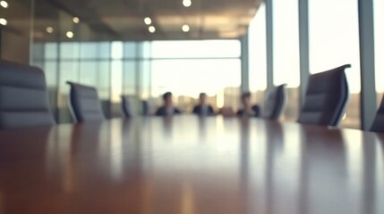 Single business professional animatedly discussing ideas around a conference table in a sleek, contemporary office, with colleagues slightly blurred in the background