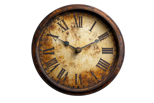 An antique Roman numeral clock showcasing the passage of time its weathered patina telling tales of bygone eras dark background rich brown on transparent background