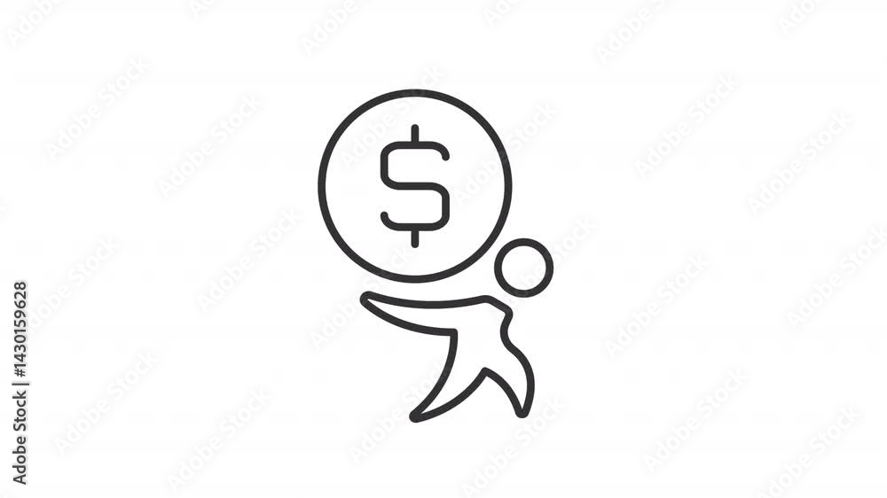 Poster credit debt burden line animation. person carrying coin on back animated icon. difficulty with loan 