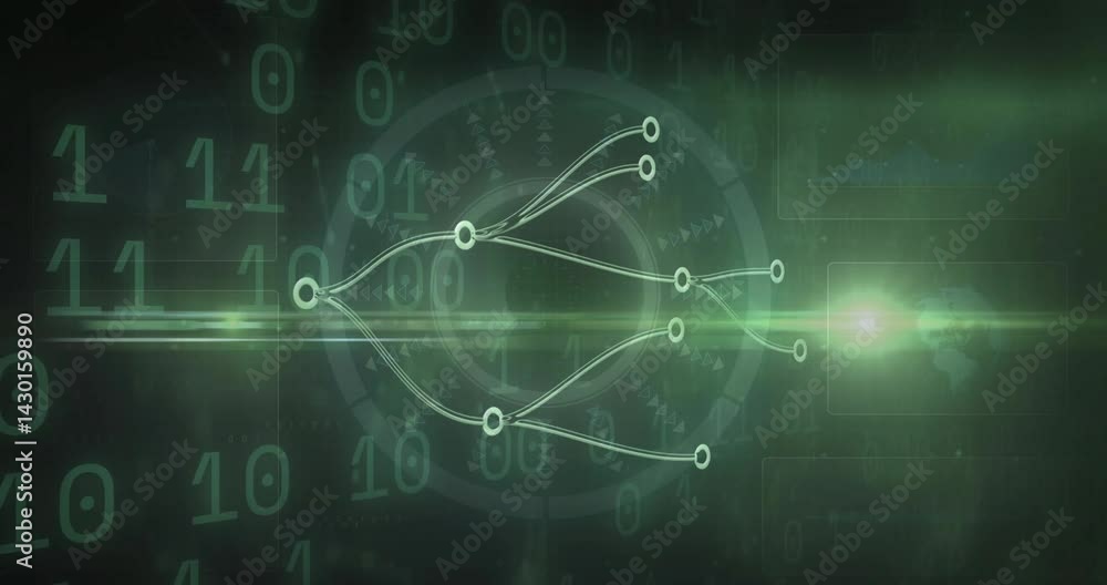 Poster central glowing network being animated on green backdrop, with circular nodes and binary code