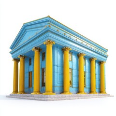 Obraz premium 3d blue building with gold columns isolated on white background