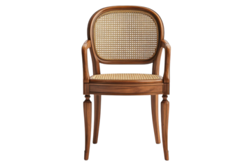 Elegant Cane Back Armchair Rich Wood Classic Design Studio Shot on Black Background Detailed Carving High Resolution Image Perfect for on transparent background