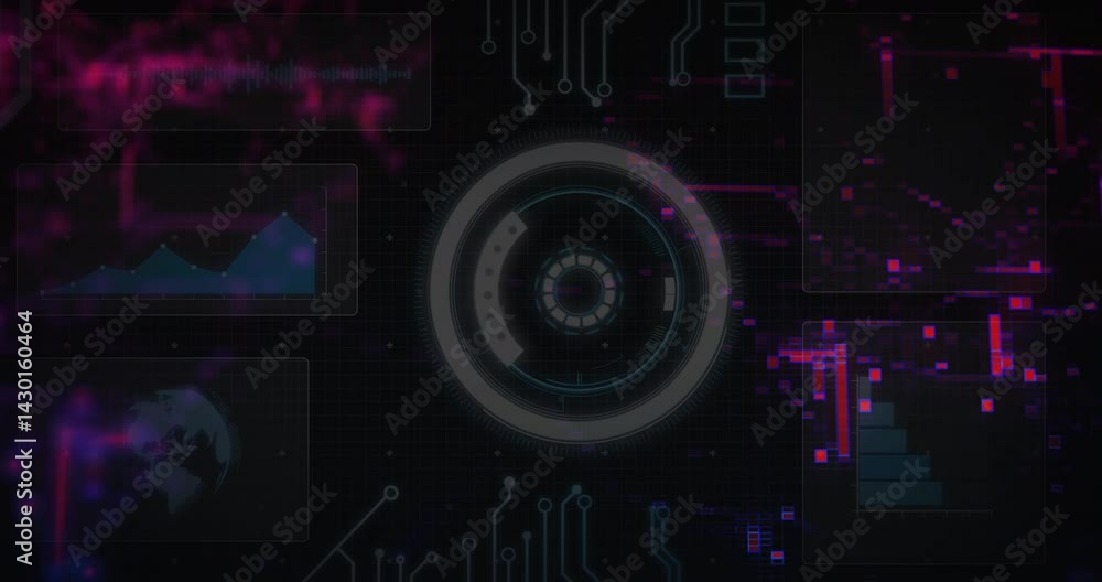 Poster central circular hud element rotating over grid, showing circuit traces and floating data panels
