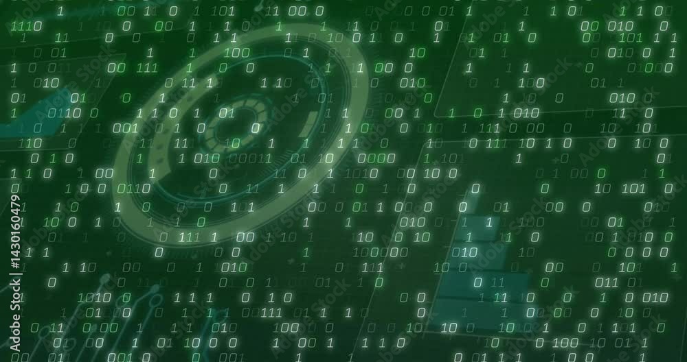 Poster Futuristic digital HUD rotating over green binary code, showing bar chart icon and circuit traces