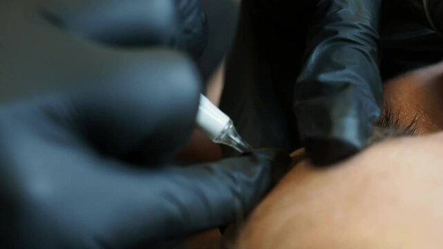 Black gloved fingers stretch the client&rsquo;s skin while a white precision tool applies microblading strokes to the eyebrow, showing full control and technique &mdash; extreme close-up slow motion shot.