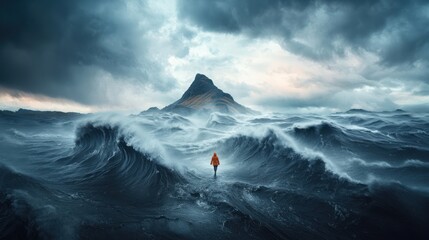 Stormy sea, lone figure, mountain peak