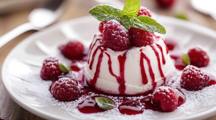 A layered raspberry dessert in a small glass with fresh mint, dusted with powdered sugar, on a white plate.