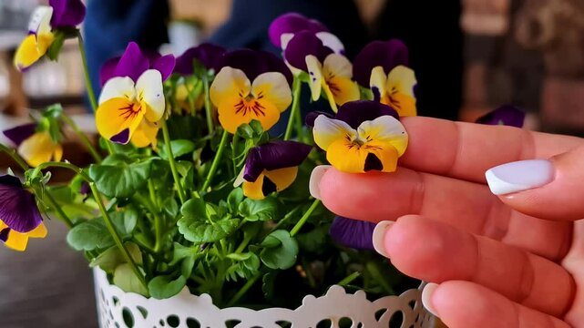 Hand touching purple, yellow, white petals of pansy flowers in a pot