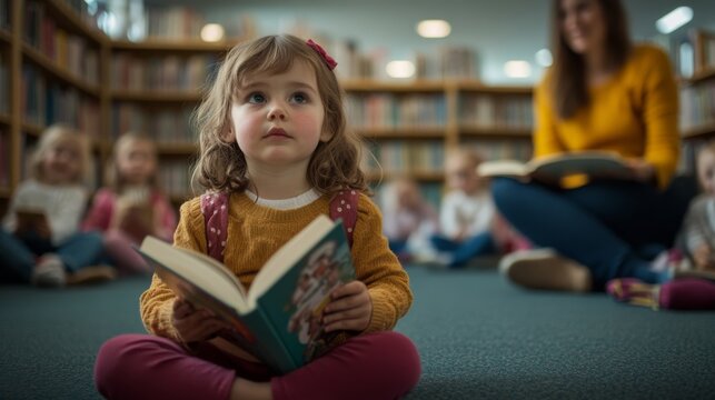 A child sits cross-legged in a library circle, captivated by a teacher reading aloud an illustrated book, surrounded by shelves filled with books