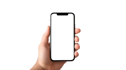 hand holding smart phone with blank screen isolated on transparent white background, clipping path
