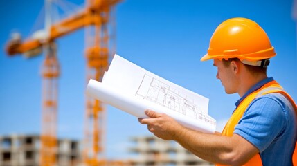 A builder in a bright orange hardhat inspects blueprints at a busy construction site with scaffolding and industrial equipment, highlighting an active work environment