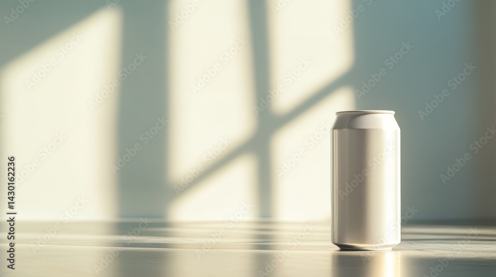 Poster a sleek white aluminum soda can stands prominently on a glossy marble surface. soft lighting casts g