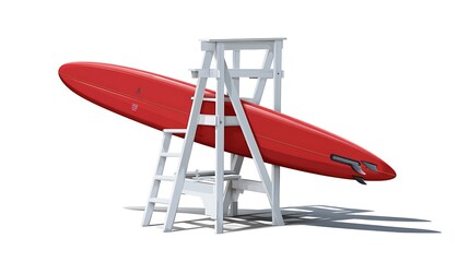 Red Surfboard on White Lifeguard Stand against a Bright White Background for Summer Action Sports