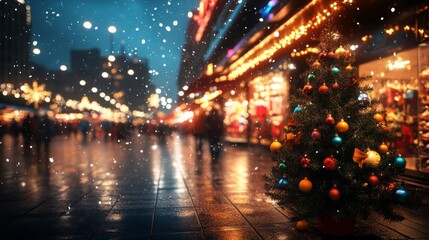 Small Christmas tree with vibrant decorations stands outside a shop at a winter market, while soft snowflakes fall, creating a warm and festive ambiance