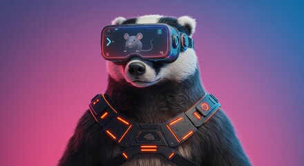 Futuristic badger exploring digital worlds with advanced VR technology interface