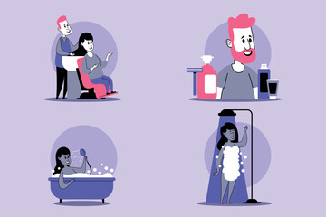 Set of various beauty and relaxation activities, including hair styling, bathing, and personal care routines, all in playful illustrated style