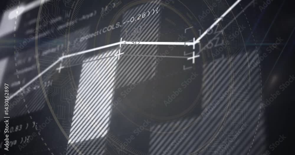 Poster white polyline graph being animated over circular hud with code snippets and circuit traces