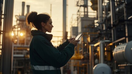 A technician is focused on operating a tablet amidst large industrial equipment in a gas refinery while evening twilight casts a warm glow over the environment