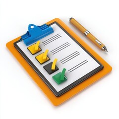 3d clipboard with pen and checkmarks isolated on white background