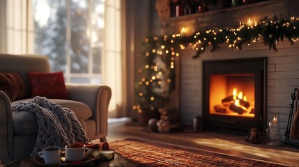 Fototapeta premium Cozy living room with a crackling fireplace, adorned with Christmas lights, creating a warm and inviting winter atmosphere. Winter solace