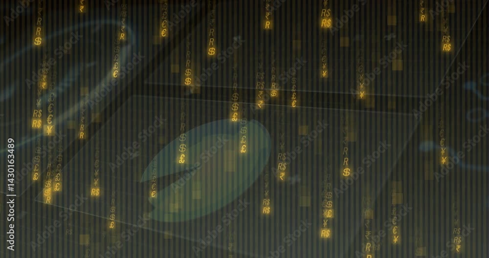 Poster vertical streams of glowing currency symbols cascading in dark code?rain style, virtual environment