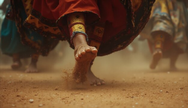 Feet and legs of traditionally dressed dancers kicking up dust while performing on dry earth during the Umhlanga Reed Dance event in a rural setting