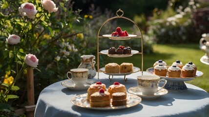 Fototapeta premium Three-tiered serving stand with scones and fresh berries. 