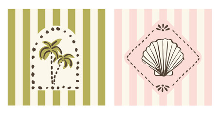 Hand drawn vector ink doodle palm trees and seashell illustration. Trendy tropical block print vertical stripe background.  Boho, beach, coastal  card template.