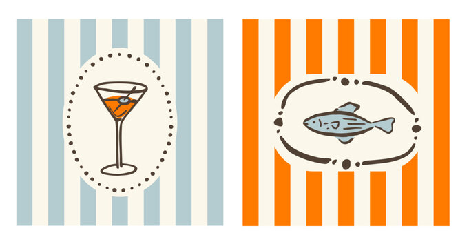 Hand drawn vector ink doodle martini glass with olive and sardine fish illustration. Trendy tropical block print vertical stripe background.  Boho, beach, coastal  card template.