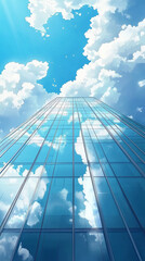 Vertical view of glass building reflecting the sky