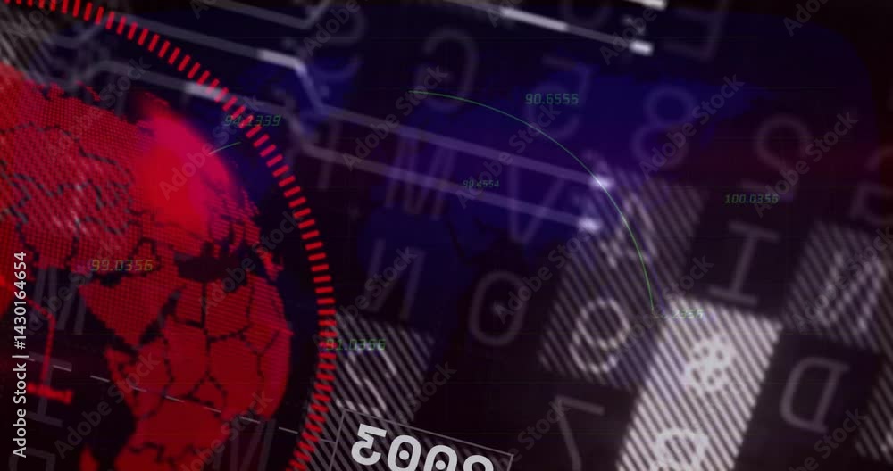 Poster stylized red digital globe showing segmented circular bar moving left, over dark grid hud