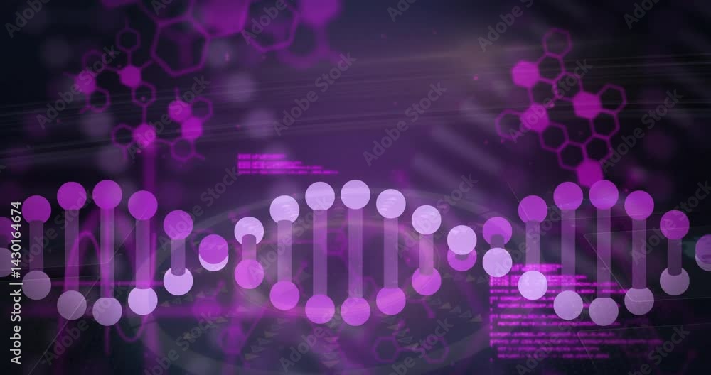 Poster dna double helix spinning in flat design, featuring glowing particles, code overlays and hexagons